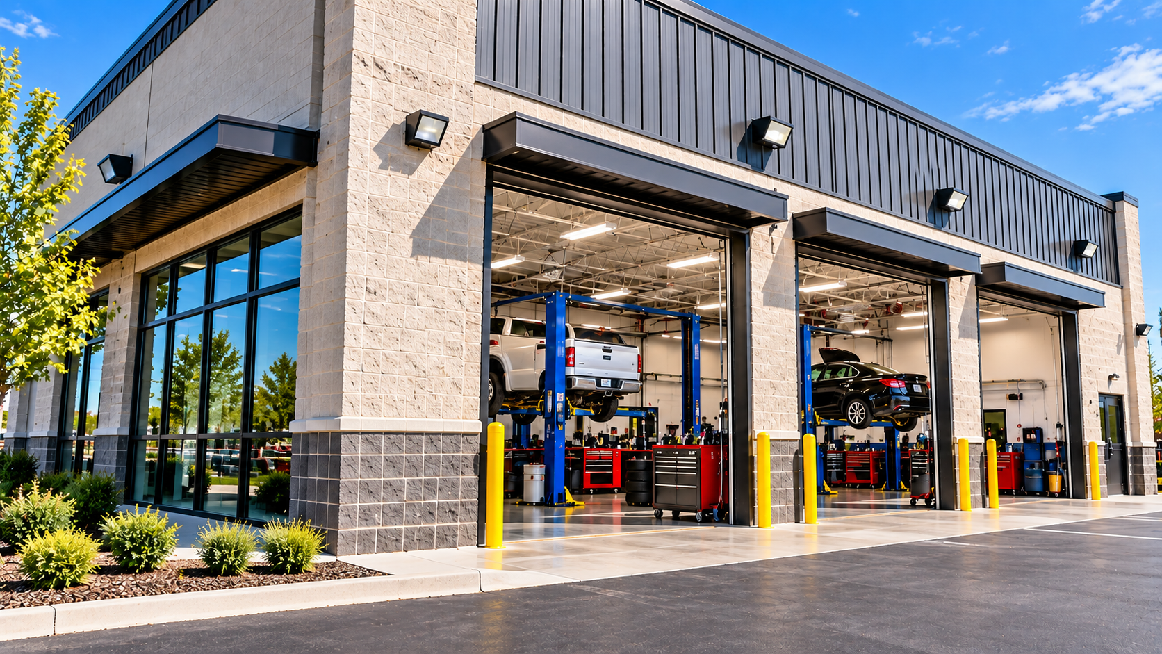 Auto repair shop exterior and service bay entrances