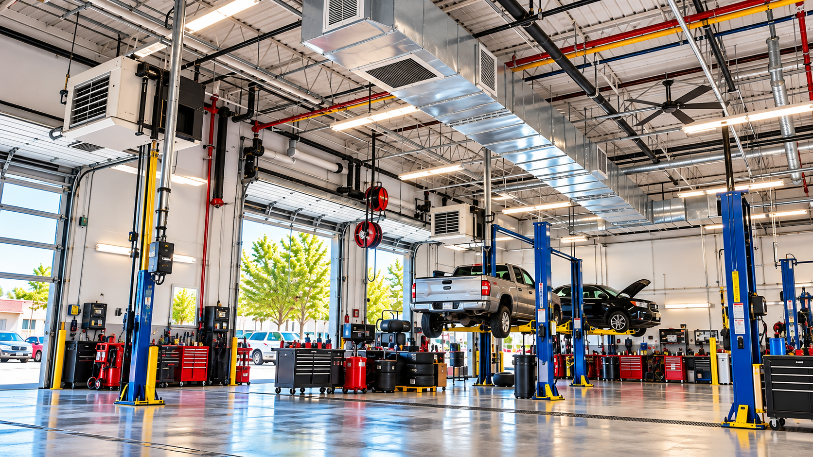 Large automotive service area with multiple repair bays