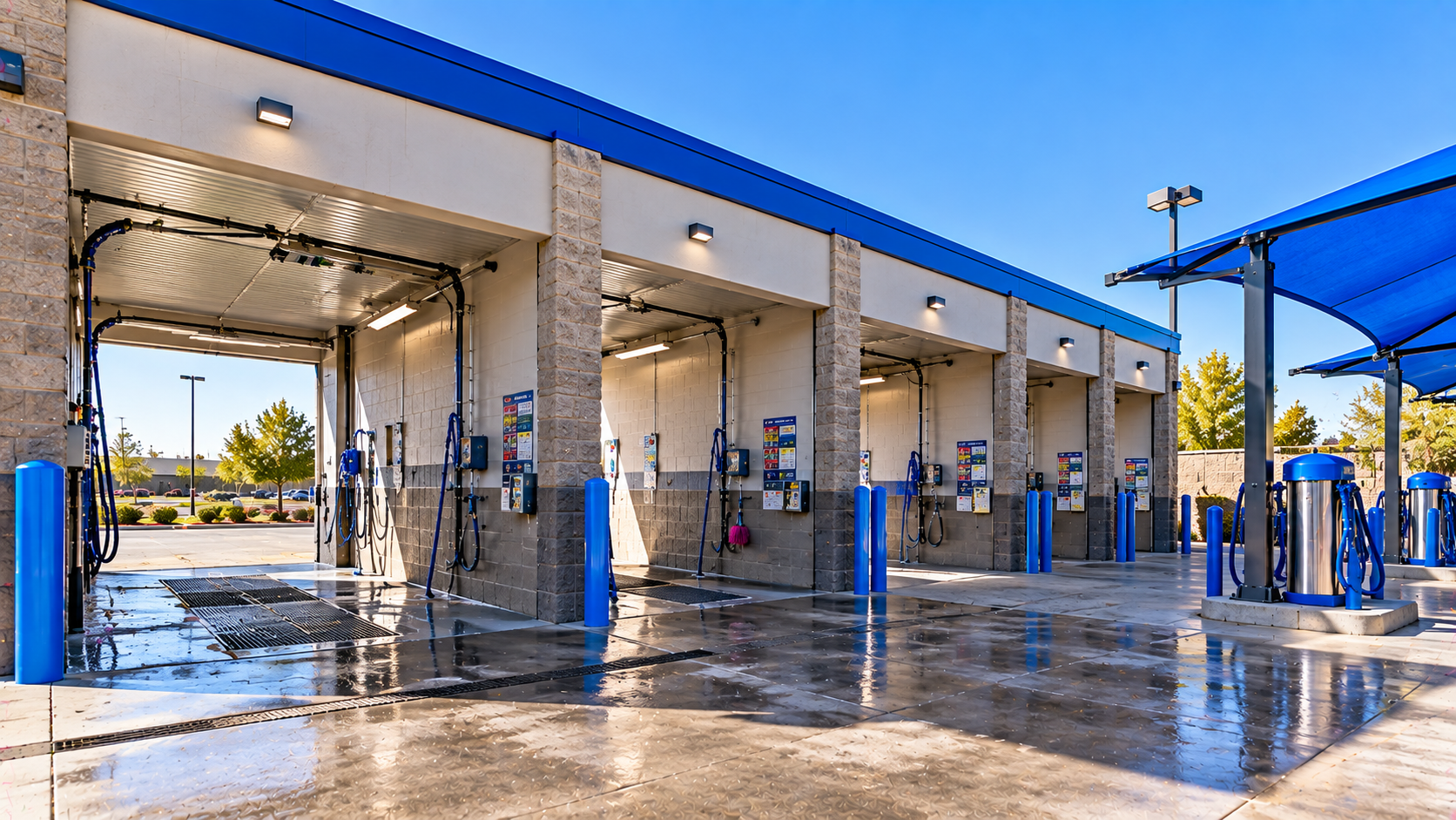 Self-service car wash bays and paved wash area