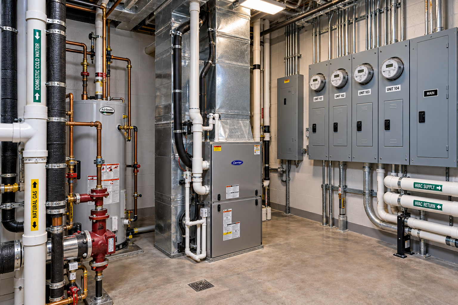 Multi-unit property electrical meters and mechanical equipment