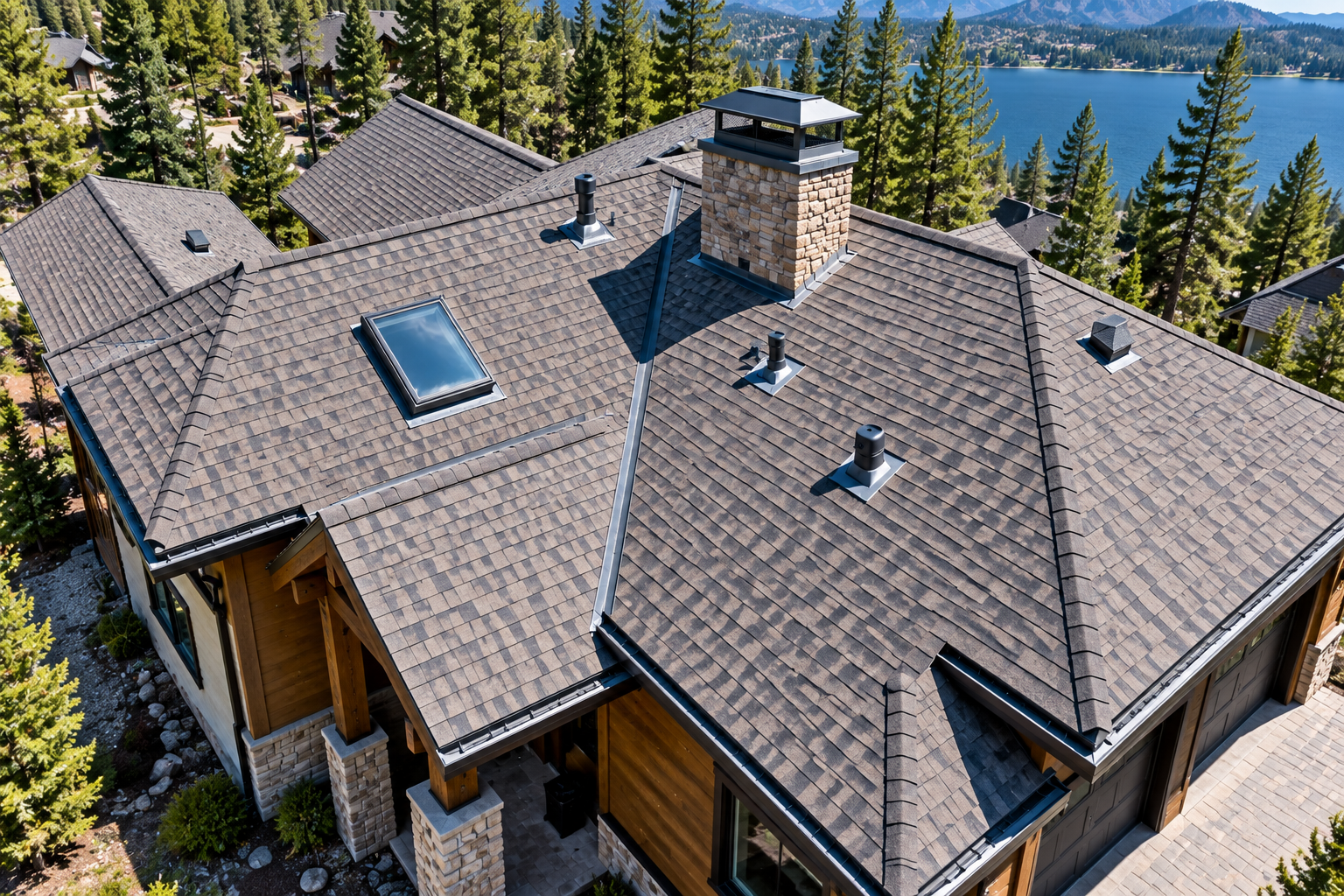 Aerial view of a residential roof during a drone inspection