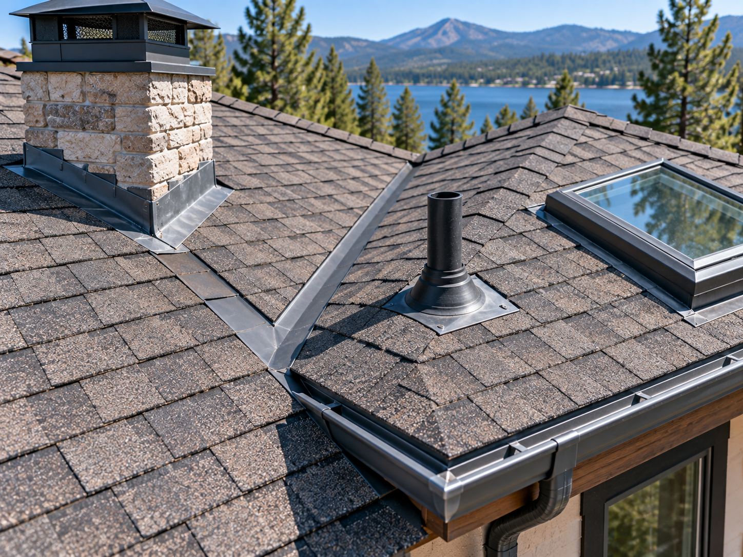 Close aerial view of roof flashing, vents and shingles