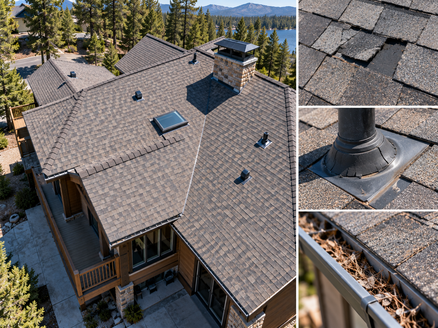 Aerial roof inspection showing shingles, chimney and roof details