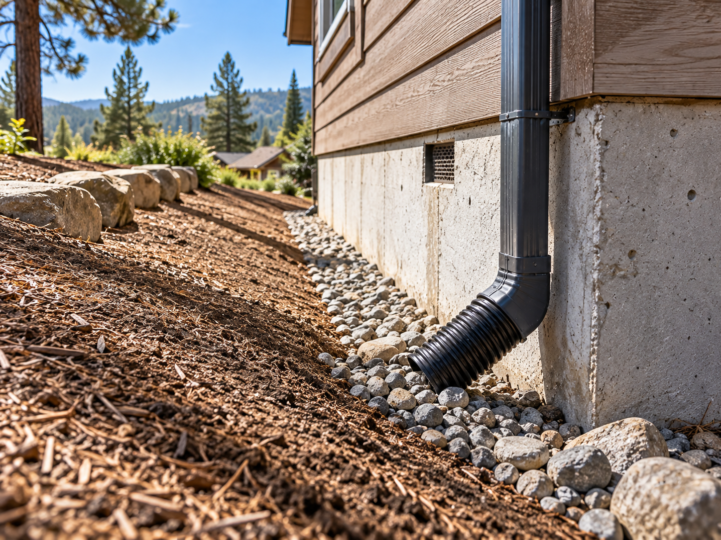 Downspout and drainage grading beside a residential foundation