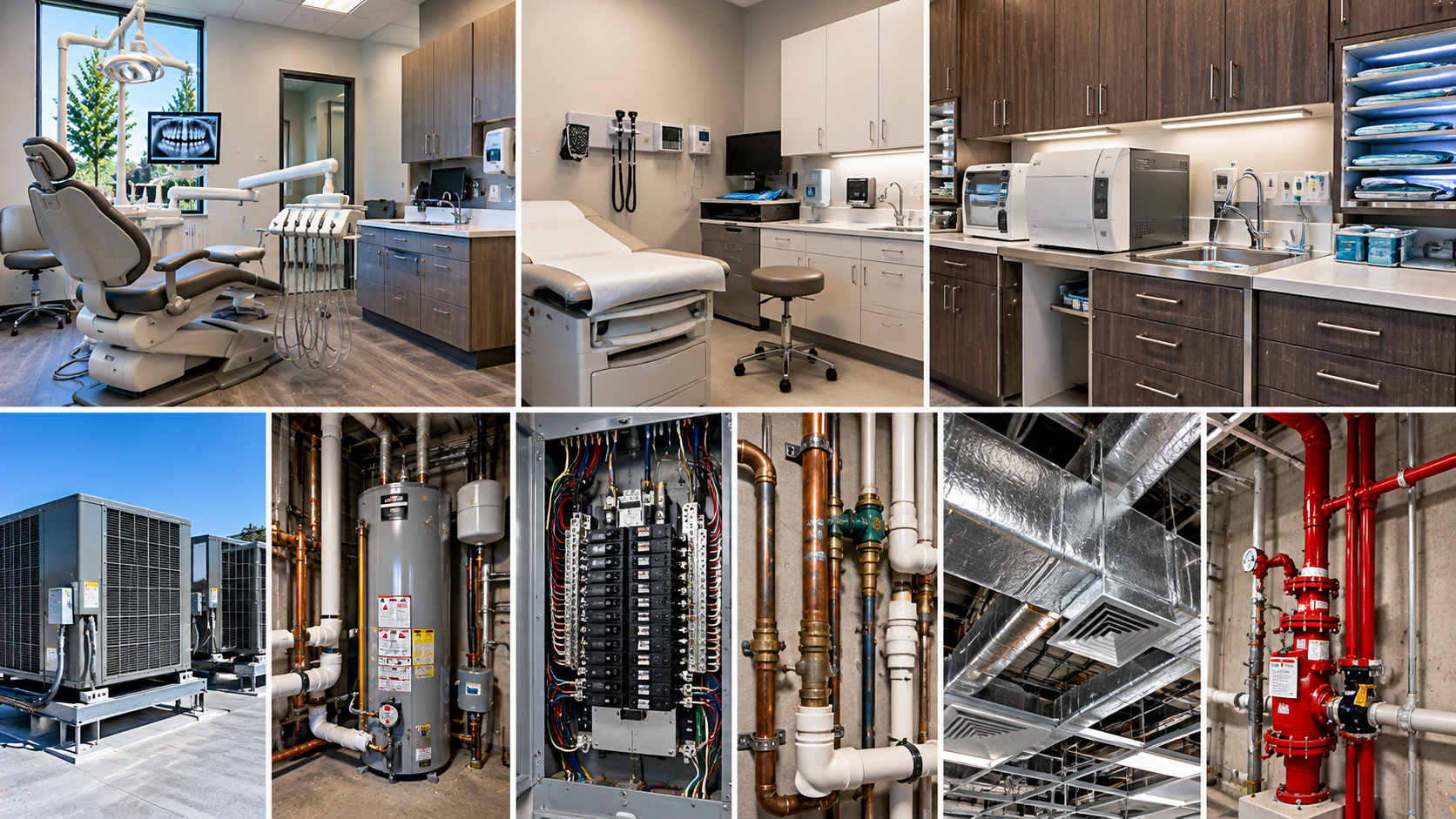 Collage of medical treatment rooms and building mechanical systems