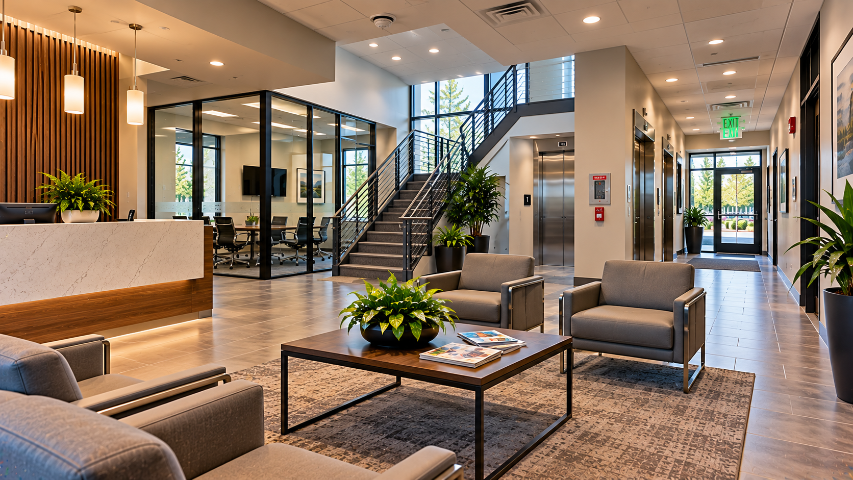 Modern medical office lobby and reception desk