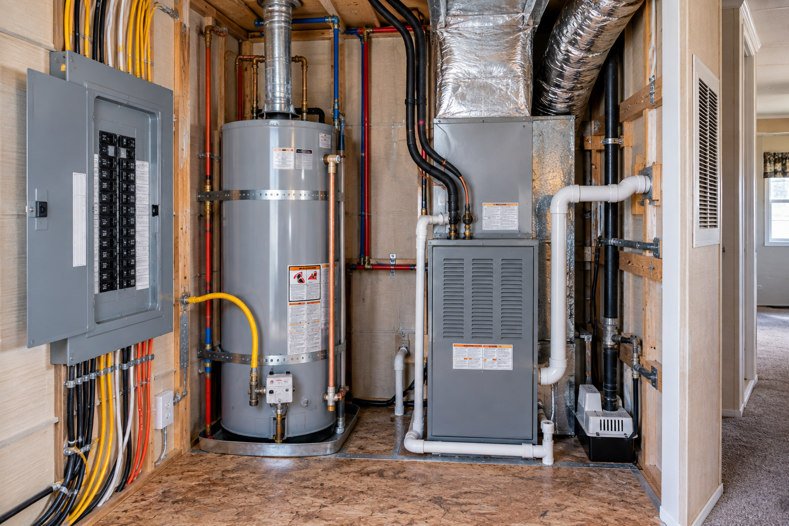 Manufactured home water heater, electrical and utility components
