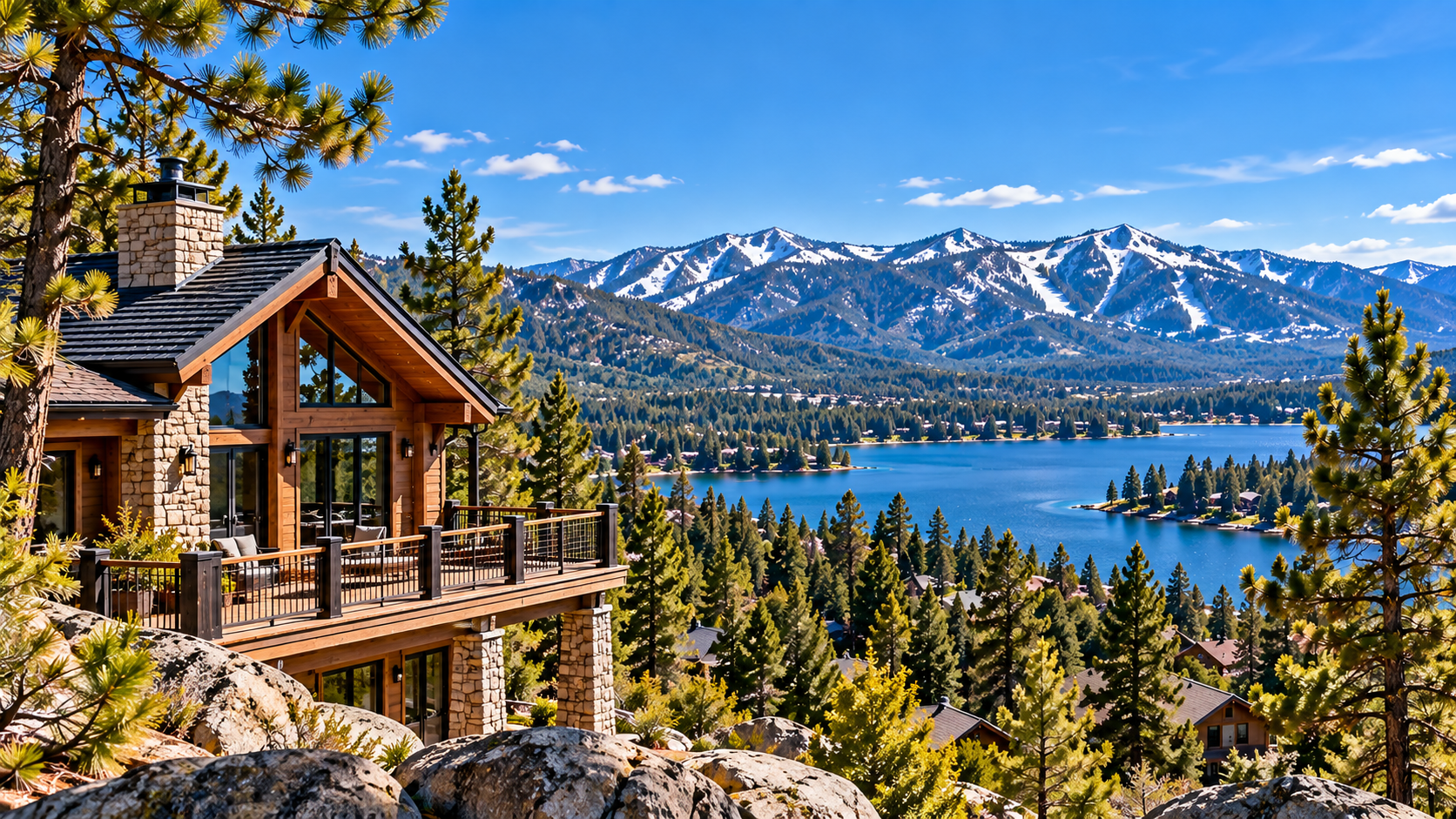 Mountain home overlooking a lake and snow-covered mountains