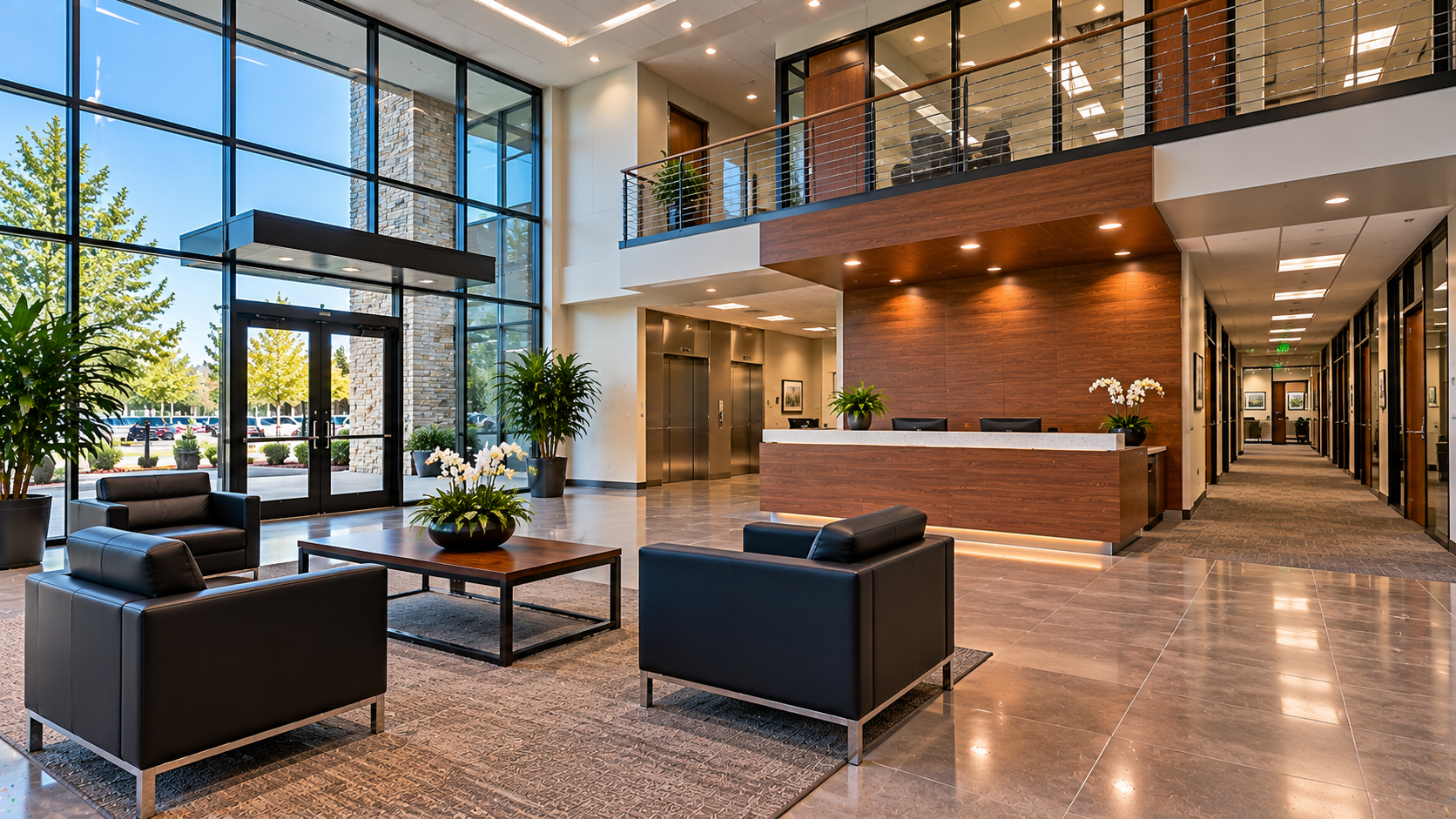 Office building lobby with seating and reception area