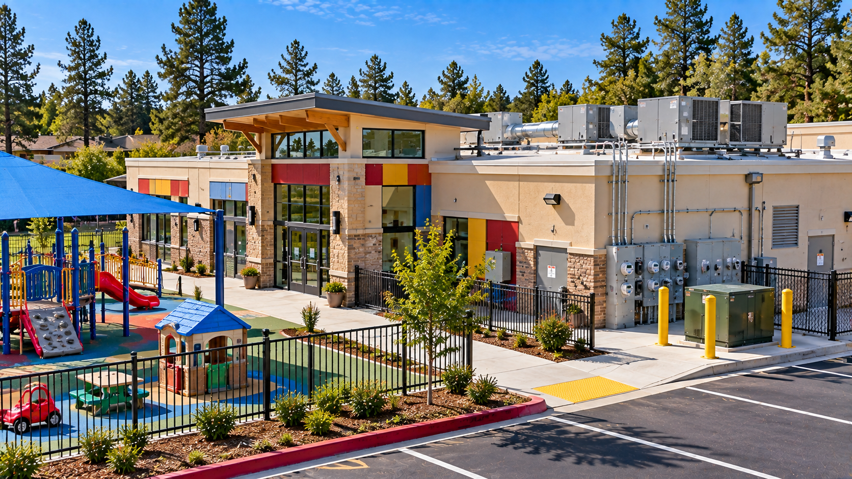 School and daycare campus with outdoor play area