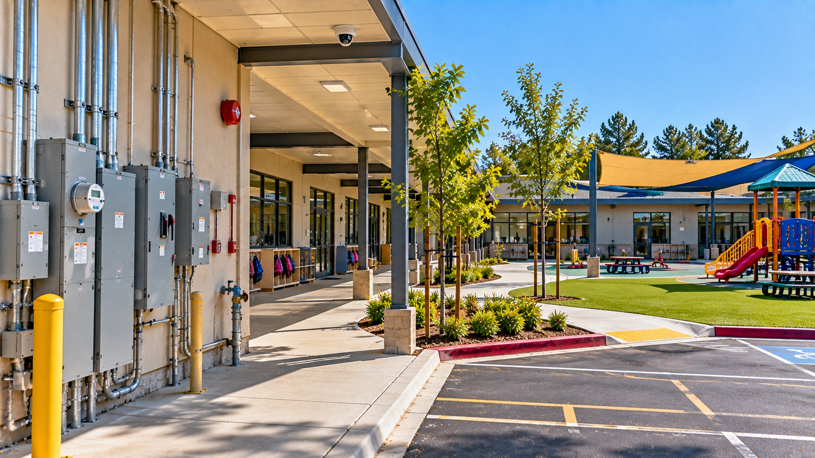 School exterior walkway with electrical equipment
