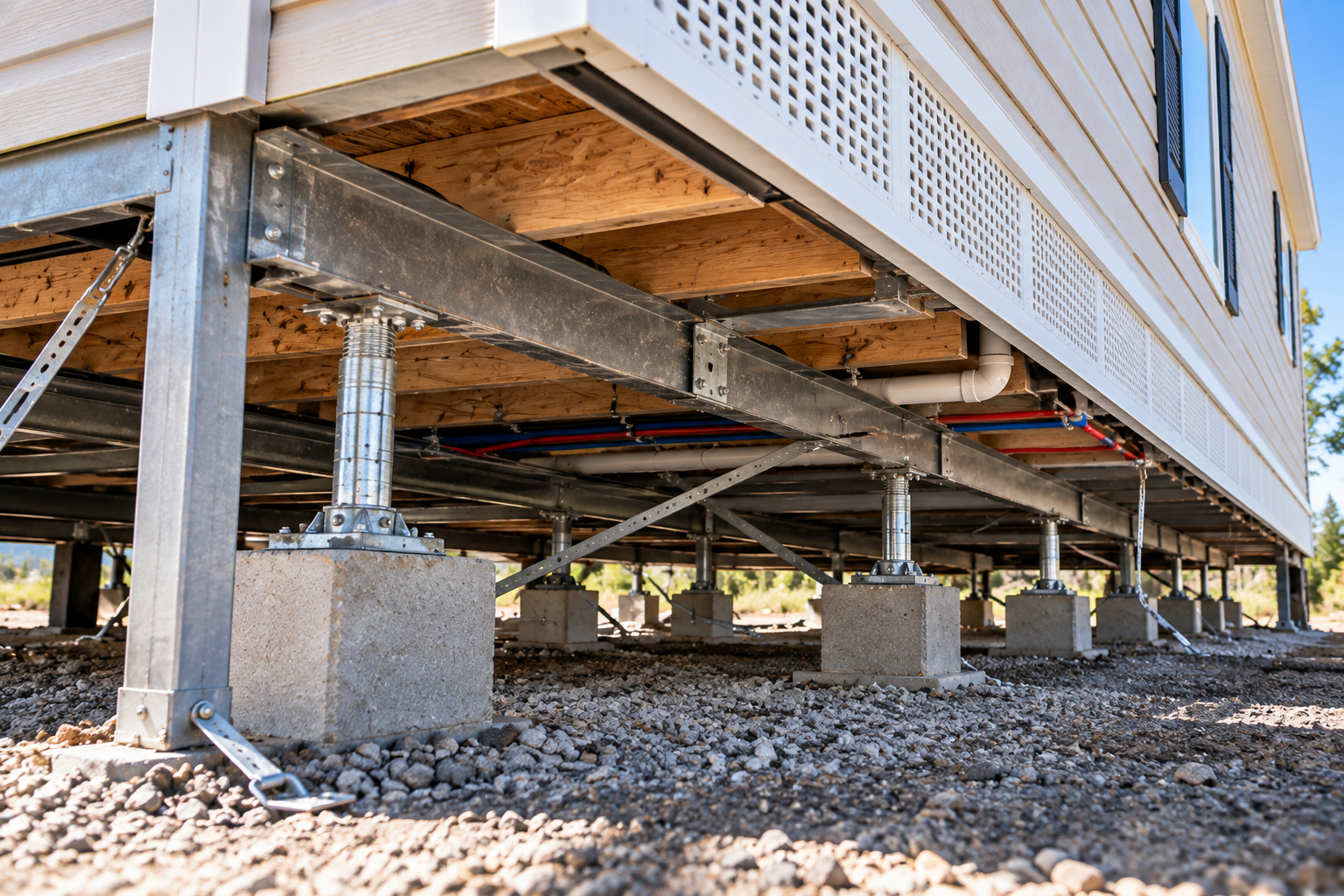 Manufactured home foundation supports and underfloor structure